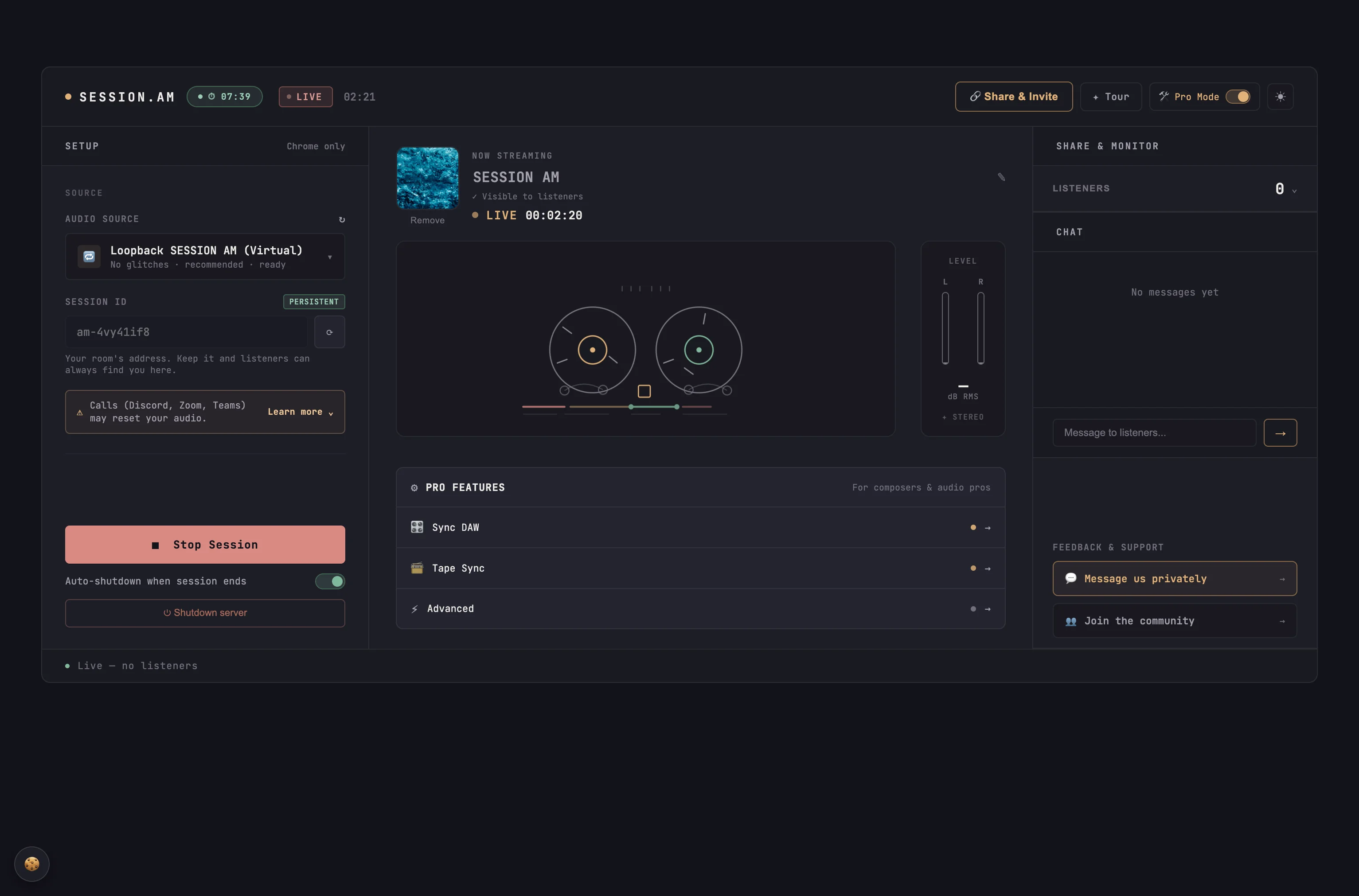 SESSION AM broadcaster — live session with Pro features, VU meter, listeners P2P