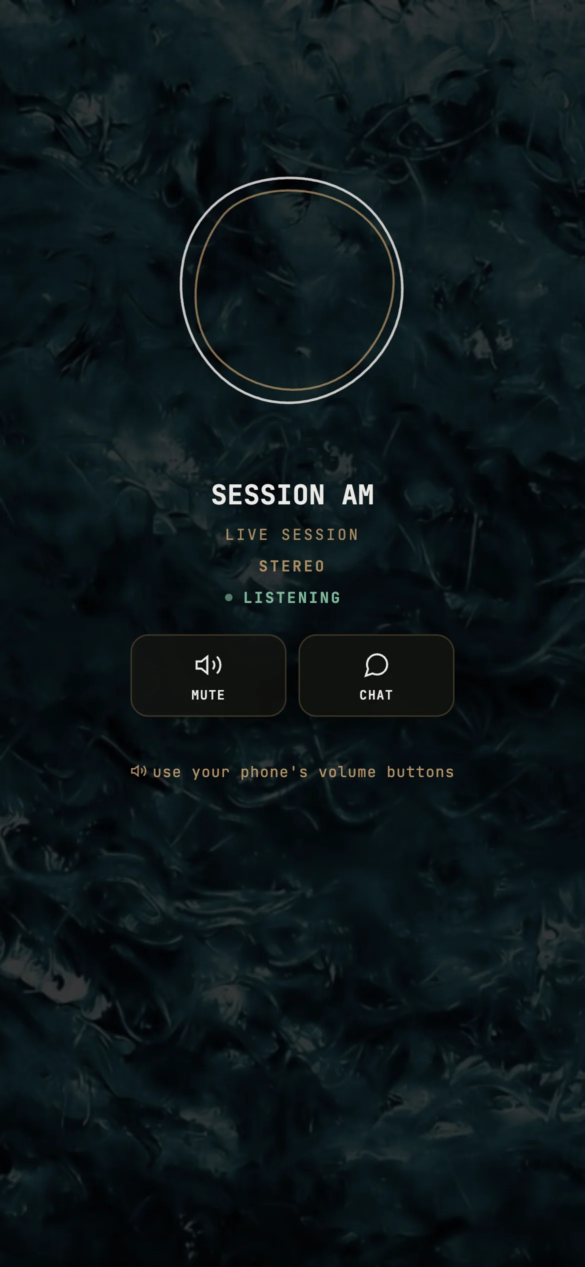 SESSION AM listener on mobile — minimal UI, LISTENING status