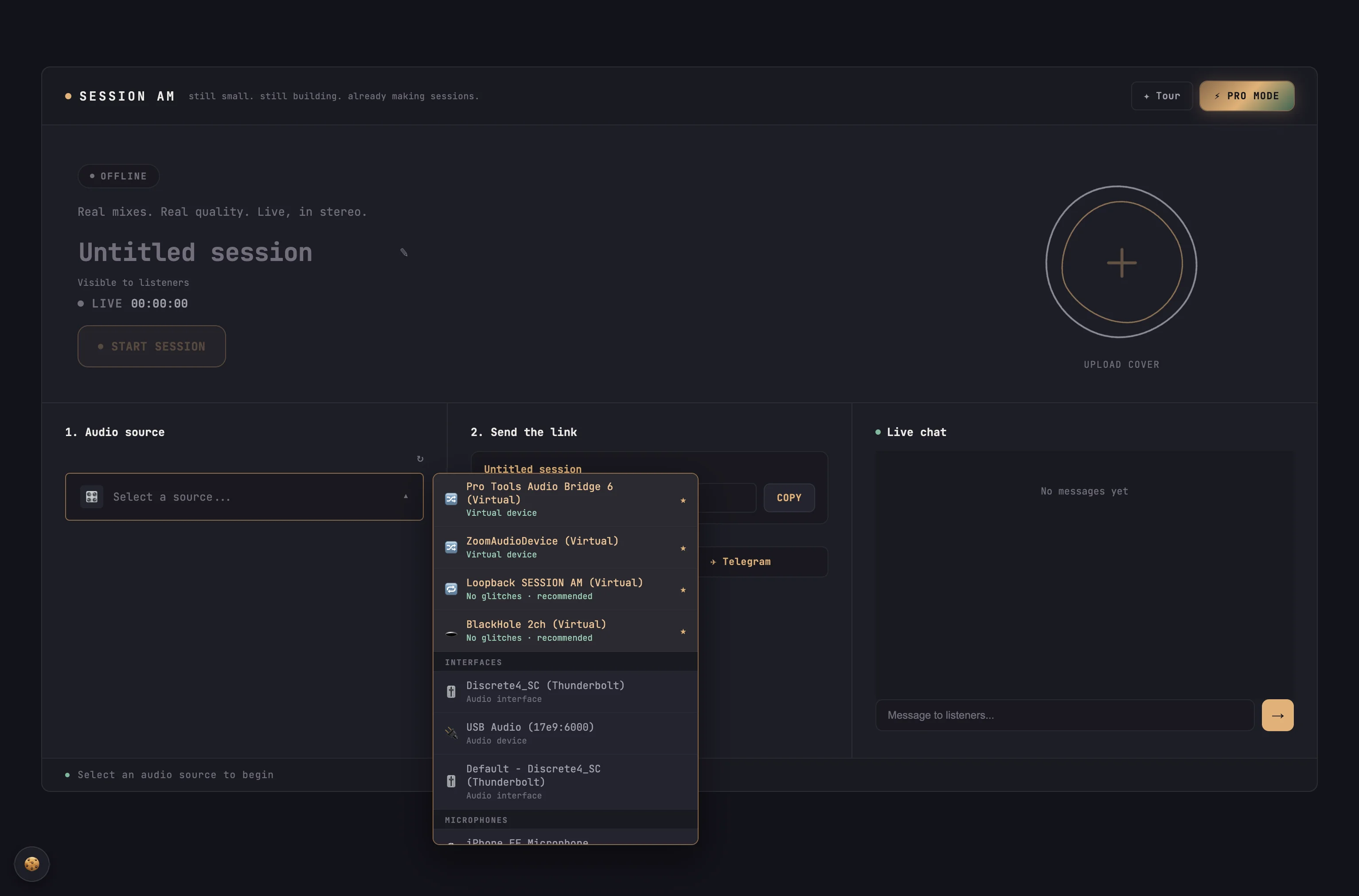 SESSION AM audio source dropdown — virtual loopbacks and physical interfaces