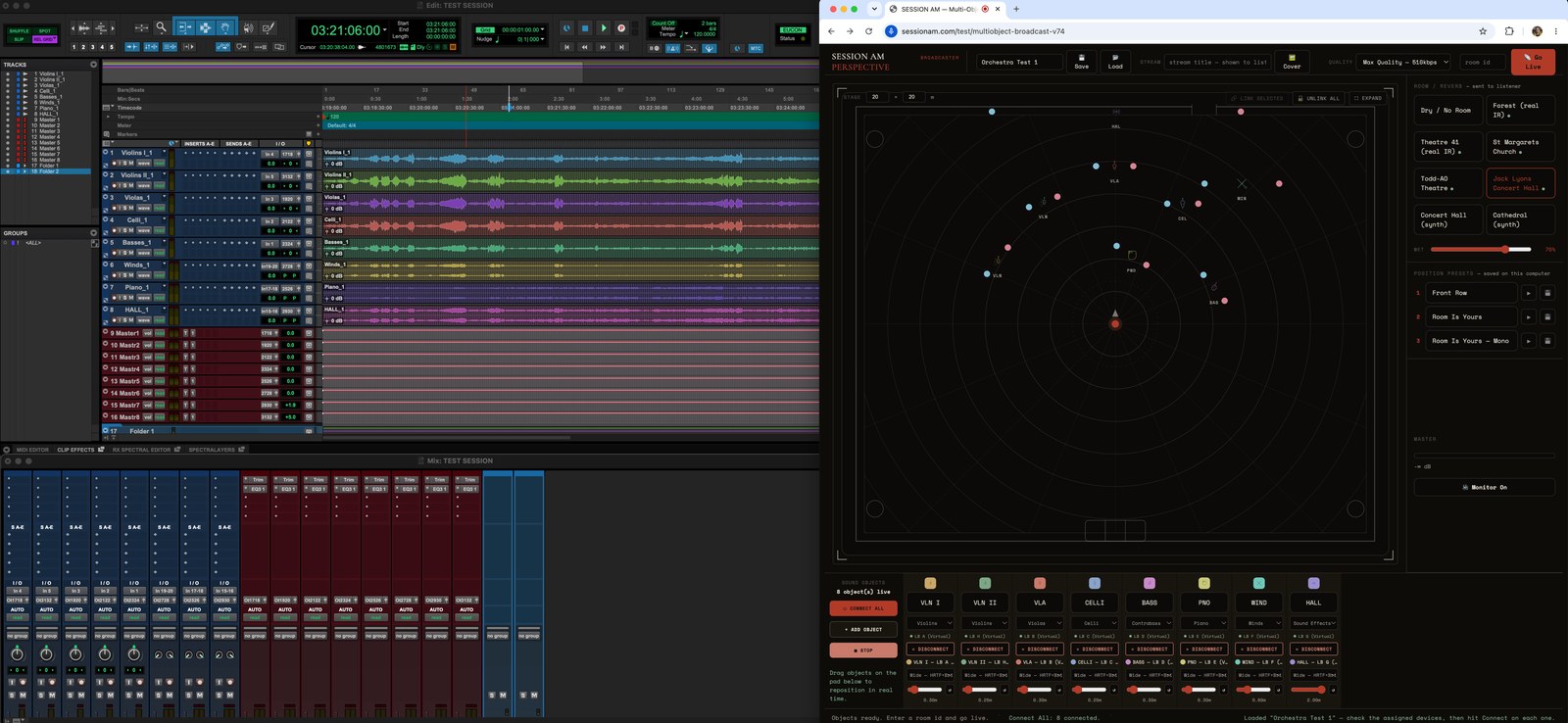 The full chain: DAW stems each on their own output (left), the broadcaster with each strip capturing its own virtual device (right)